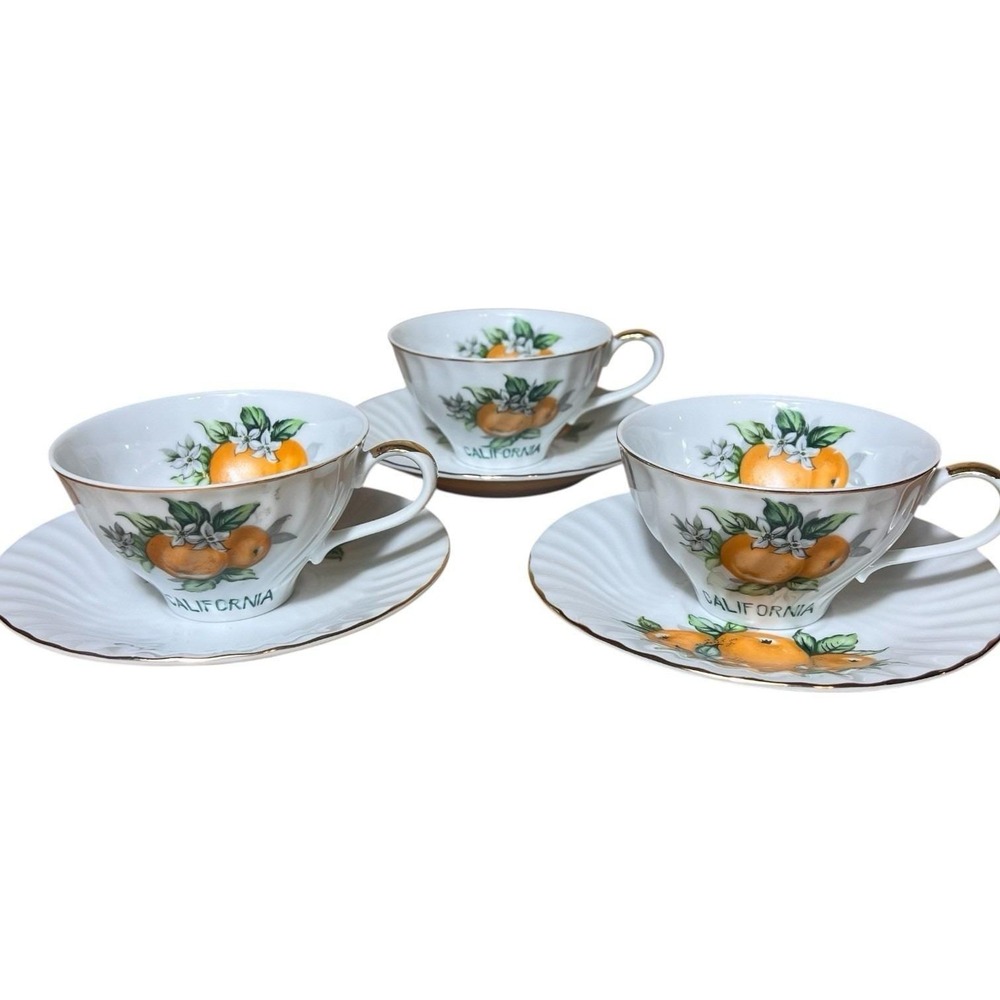 VTG SET of 3 'California' E W Princess Tea Cups Saucer Hand Painted Oranges Gold
